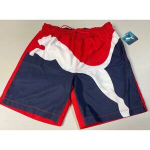 Puma Mens Swim Trunk Red & Navy With White Logo Regular Fit Mesh Liner Water-Rep
